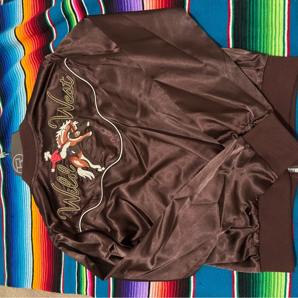 Roper Brown Embroidered Bomber Jacket with Blue & Yellow Accents